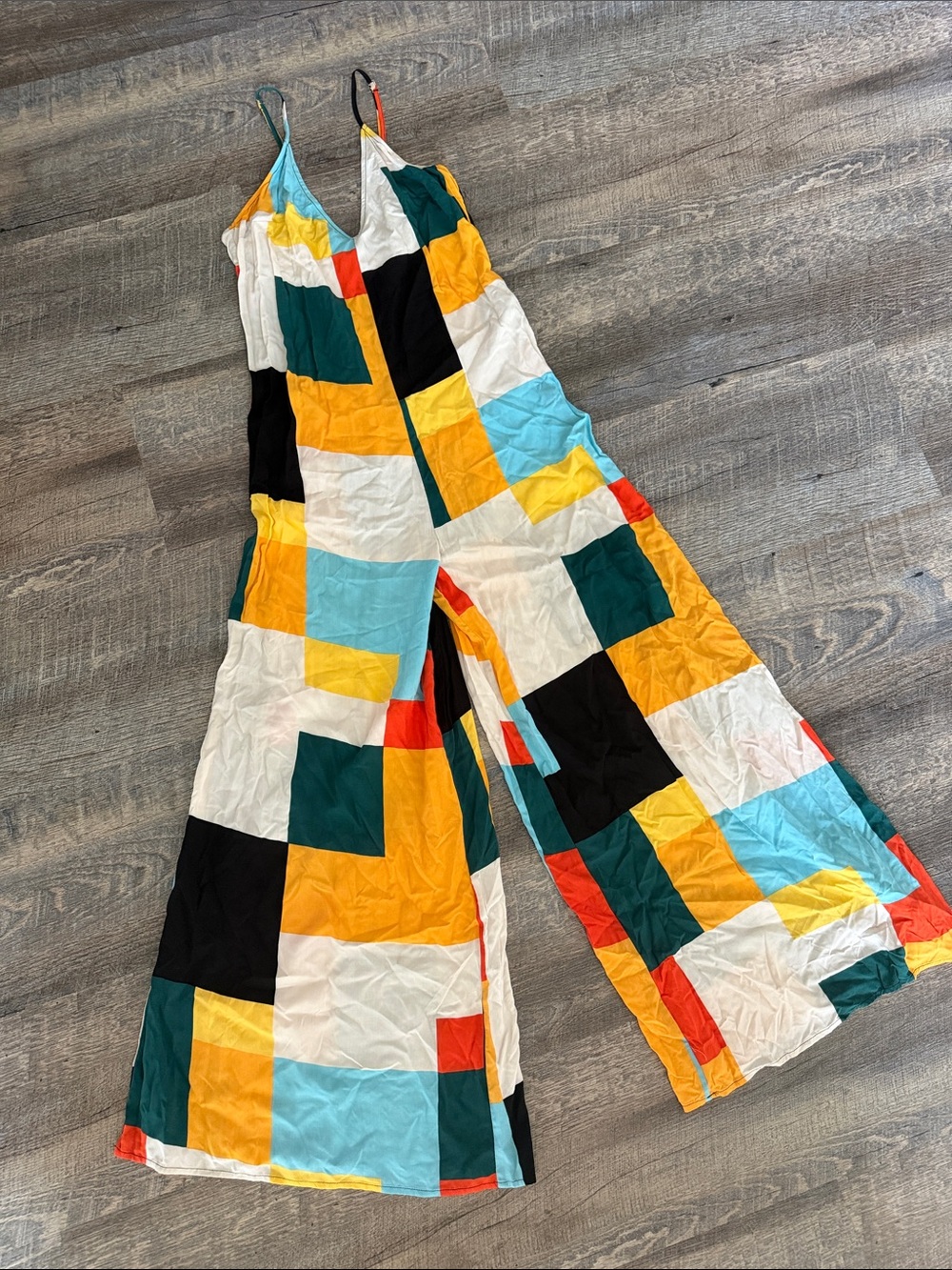 Colorblock Wide-Leg Jumpsuit in Yellow, Teal & Black
